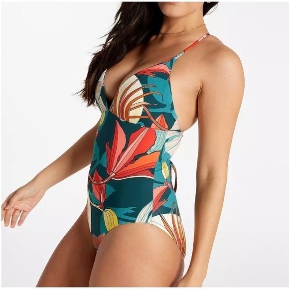 CALIA Womens Triangle Strappy Back One Piece Swimsuit Botanical Print Sz 14 NWT - Picture 2 of 10